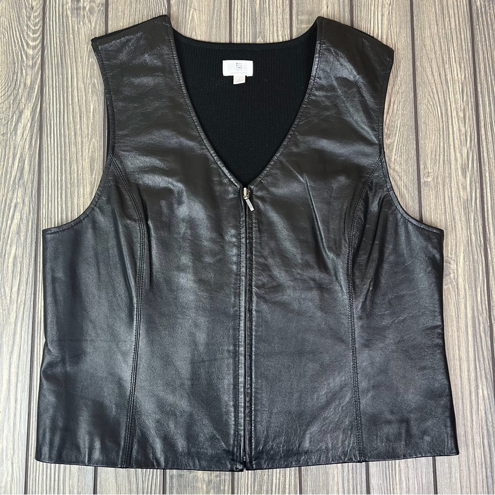 Black Leather Zip-Up Vest Lambskin Leather Women's XL - Picture 4 of 9